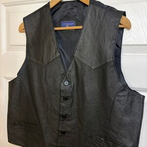 Y2K Coleman Outdoors Mens L Black Leather Vest Western Style Lightweight Pockets